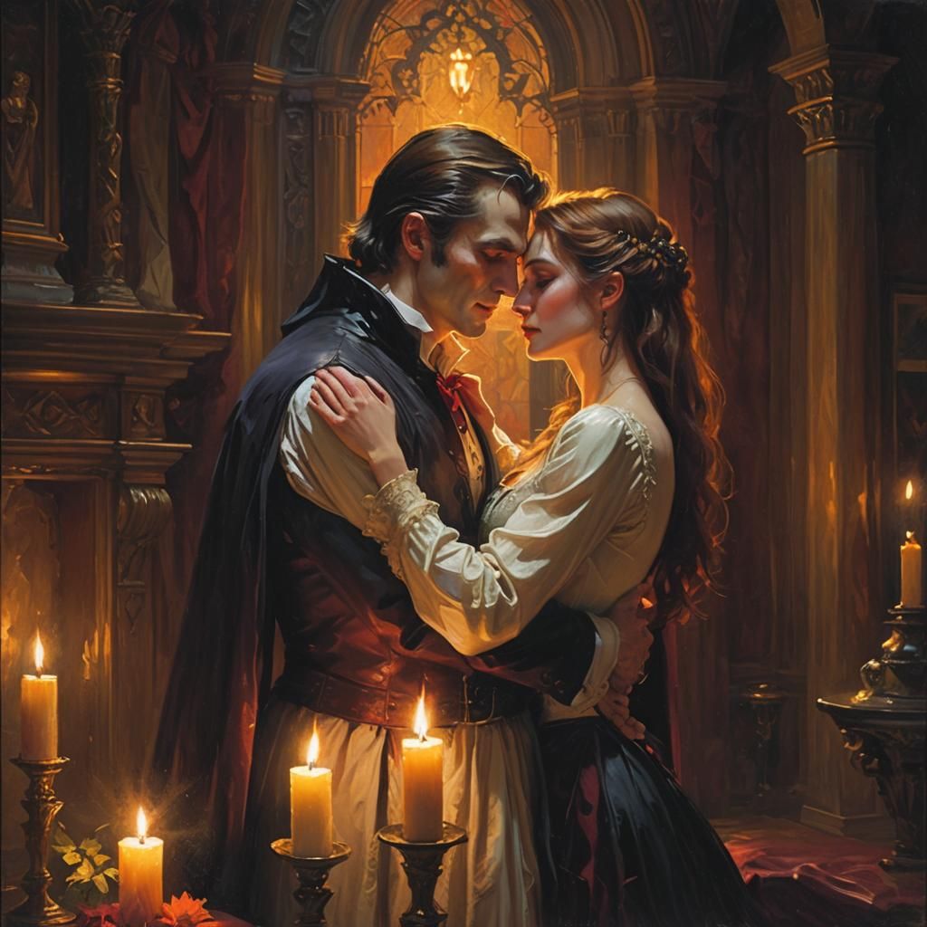 Romantic Vampire Embrace in Oil Painting Style