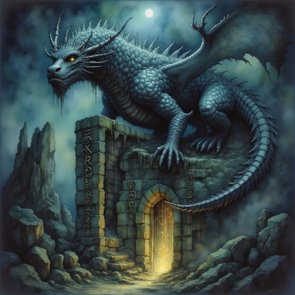 Ancient Obsidian Dragon on Ruined Temple