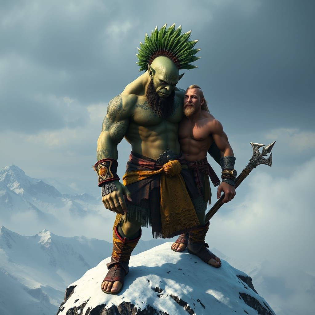 Sensual Fantasy Warrior in Tribal Attire on Snowy Mountain P...