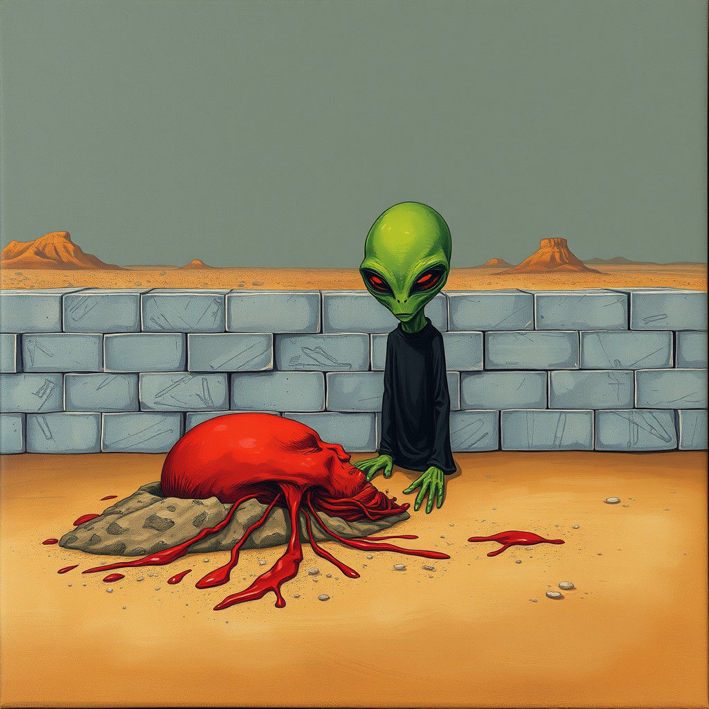 Surreal Desert Scene with Alien and Red Head