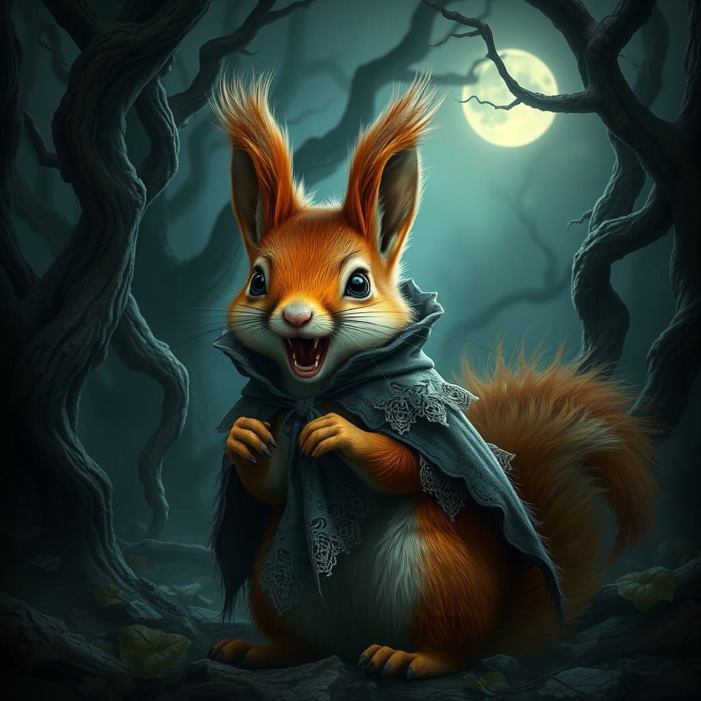 Mystical Ginger Vampire Squirrel in Dark Fantasy Forest