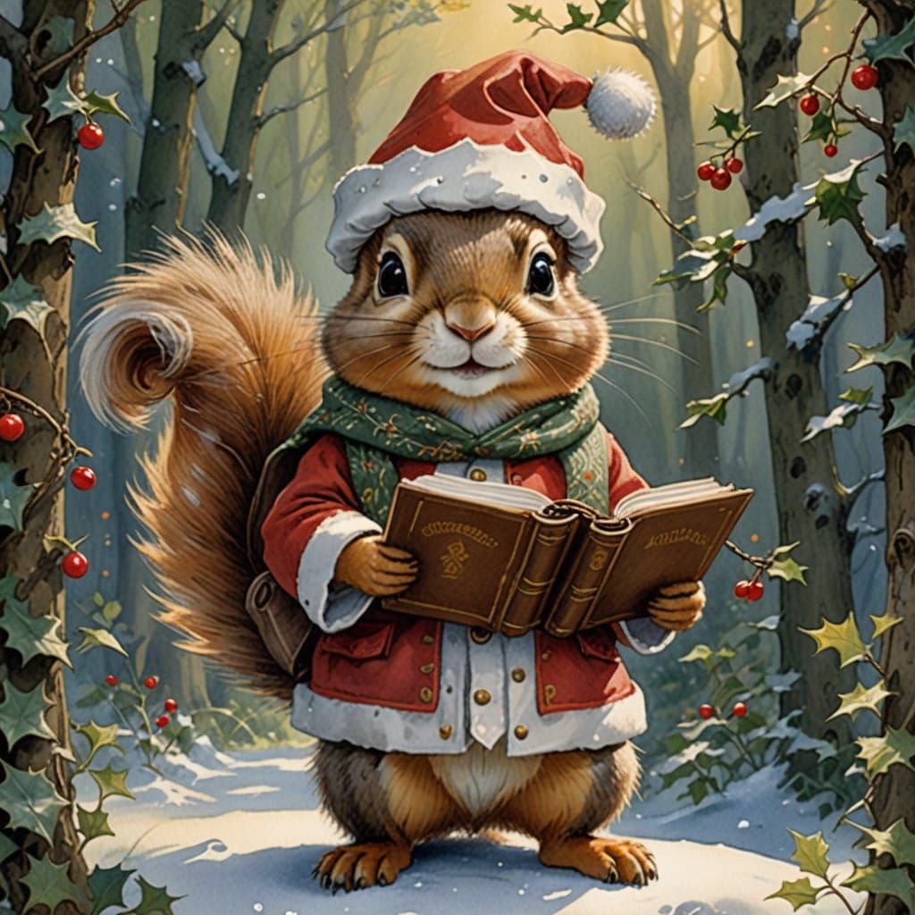 Whimsical Christmas Portrait of Santa Squirrel in Winter Won...