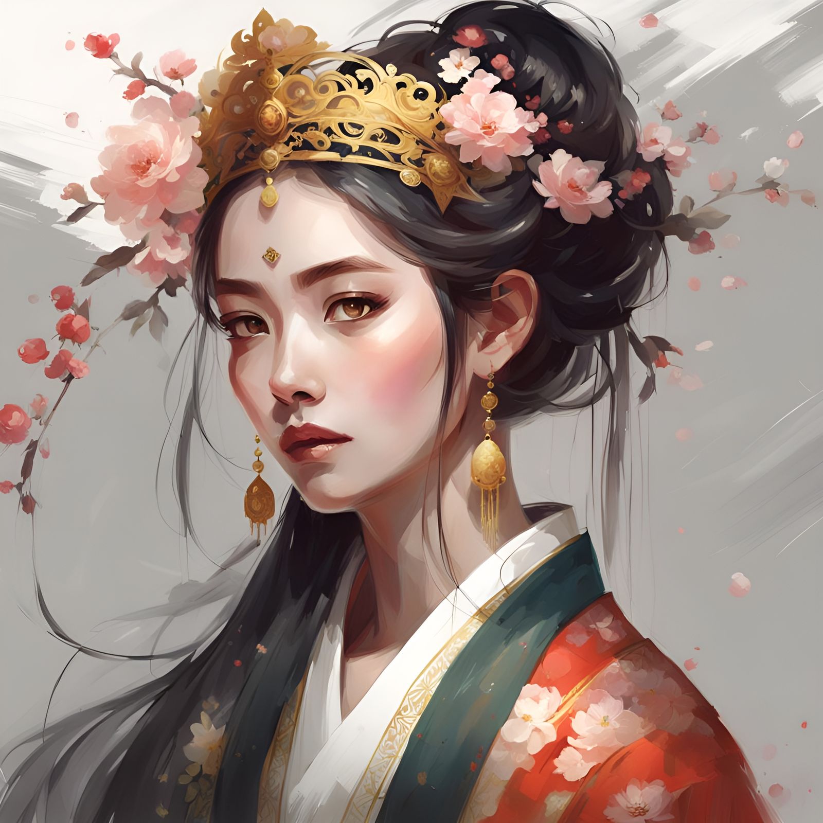 Chinese Empress with Flower, Digital Art in Guweiz Style