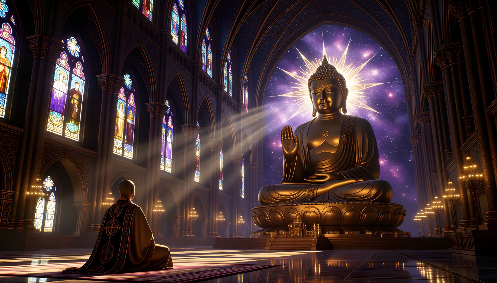 Medieval Cathedral with Cosmic Stained Glass and Buddha Stat...