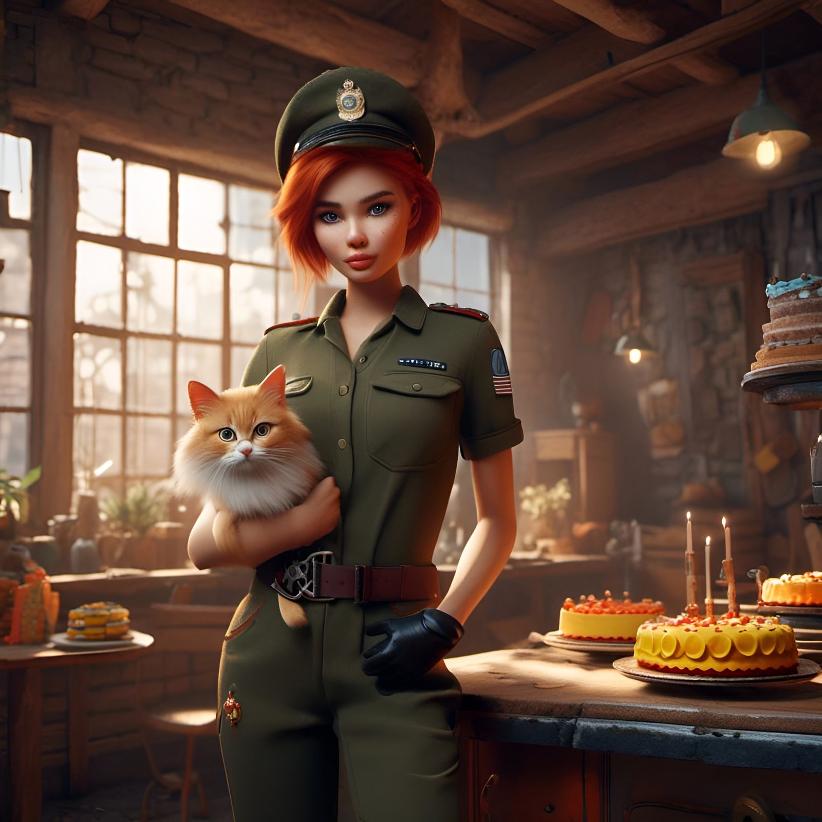 Apricot Cat Steals Military Shirt: Detailed Digital Art