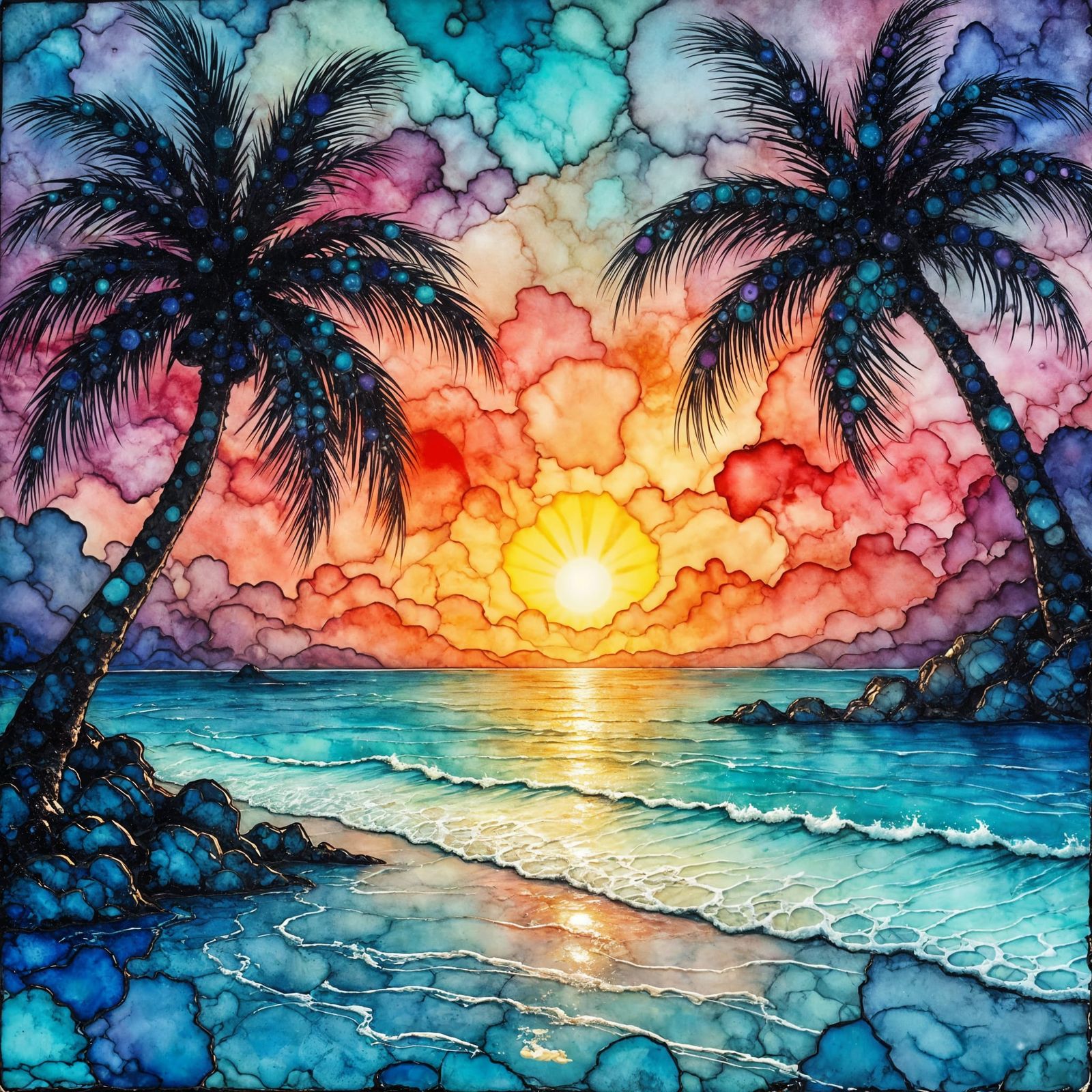 Tropical Sunset Beach with Palm Trees in Alcohol Ink Style