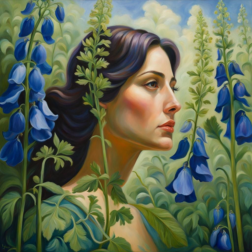 Woman with Aconite Plant in Dark Academia Style