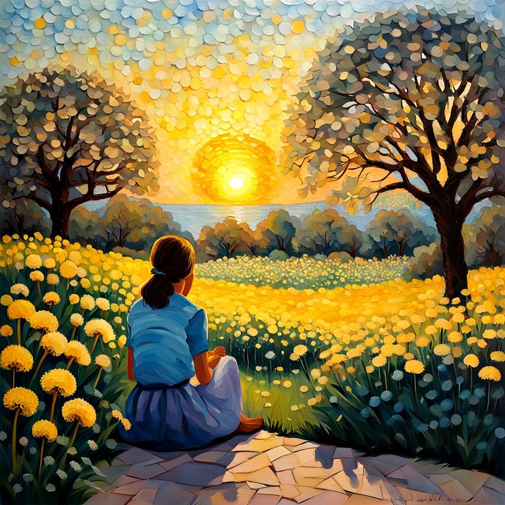 Vibrant Sunrise Over Dandelion Garden as Impasto Painting