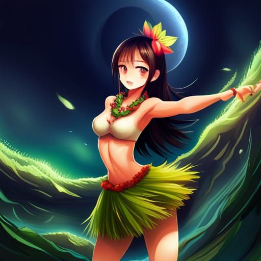Hula Girl in Anime Style Doing Hula Dance
