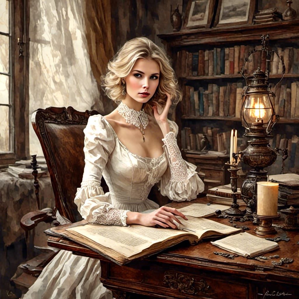 Stunning Blonde at Antique Desk in Watercolor Style