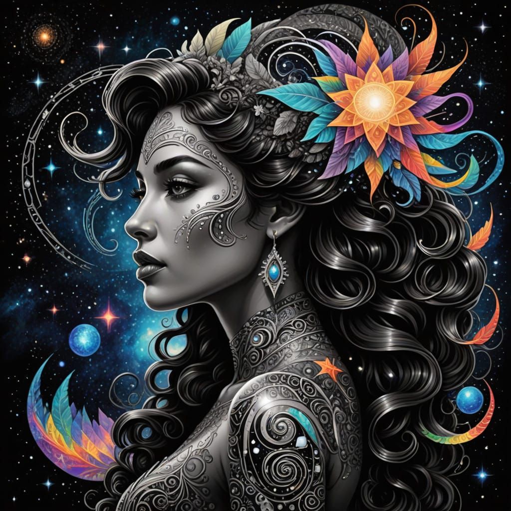Elegant Brunette Woman in Cosmic Astral Cosmic Illustration