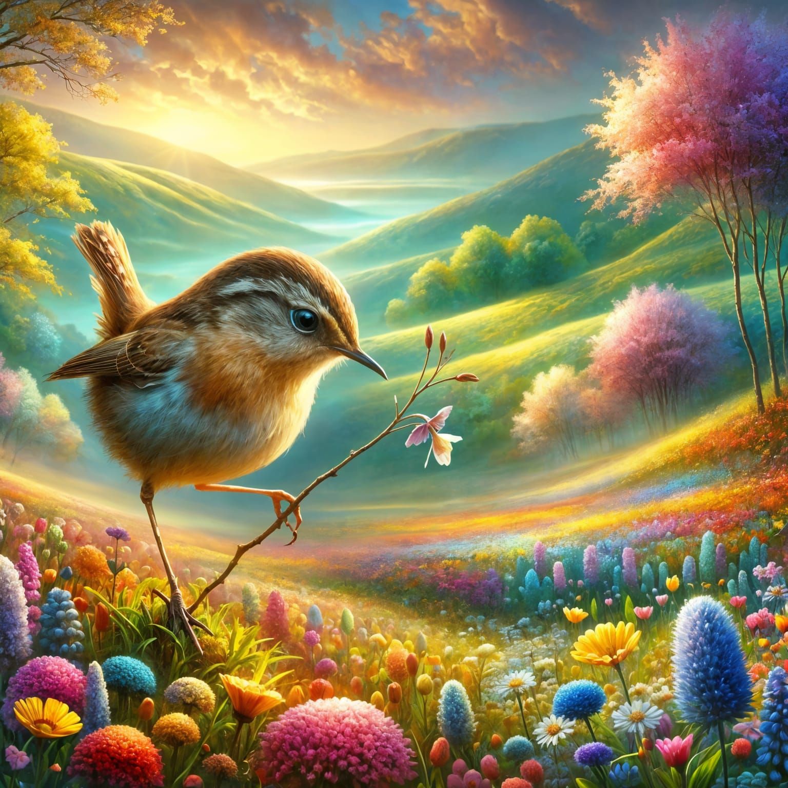 Wren Gathering Twig in Blossoming Field, Oil Painting