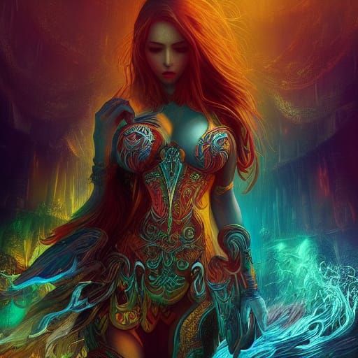 Epic Woman Warrior Hiding Place in Maximalist Style