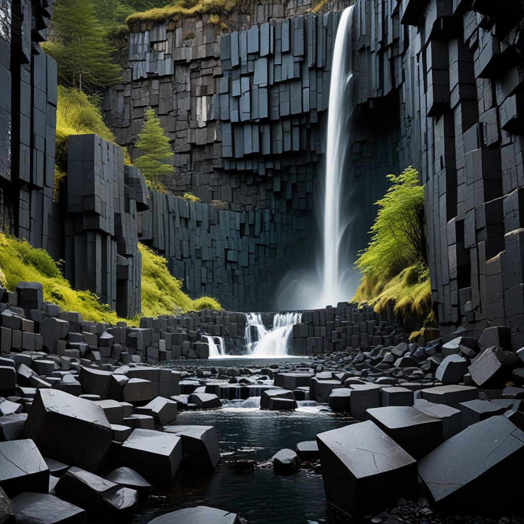Abstract Cubist Svartifoss Waterfall with Basalt Columns
