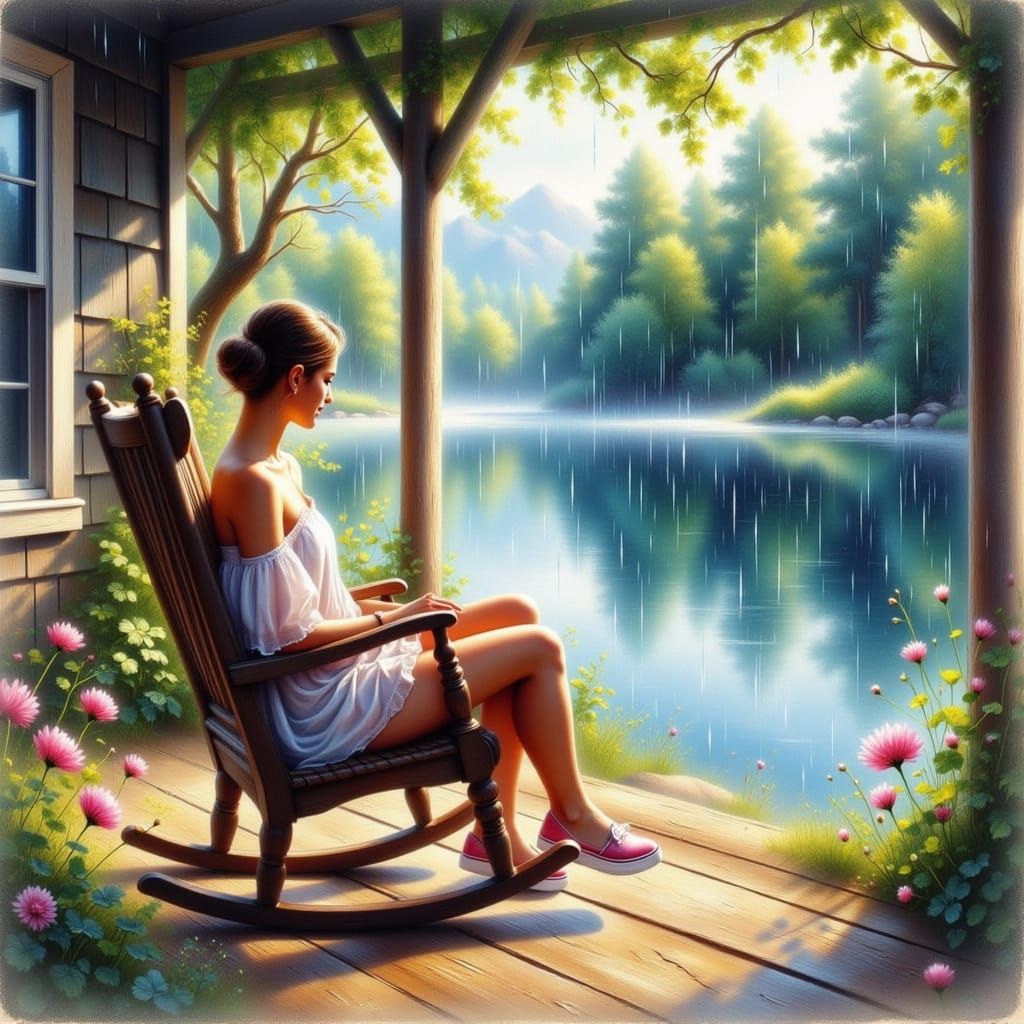 Woman on Porch in Summer Rain, Watercolor Style
