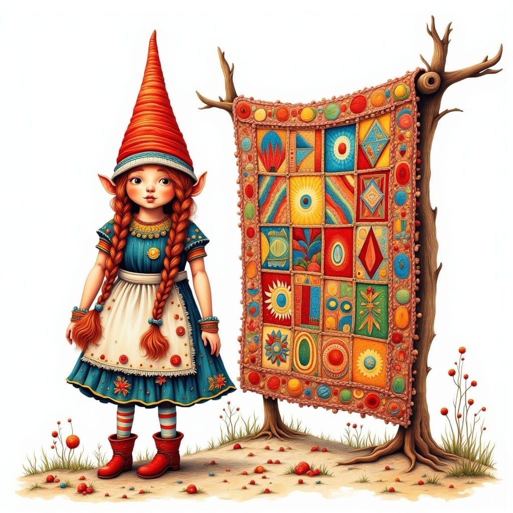 Whimsical Gnome with Quilted Hat Illustration