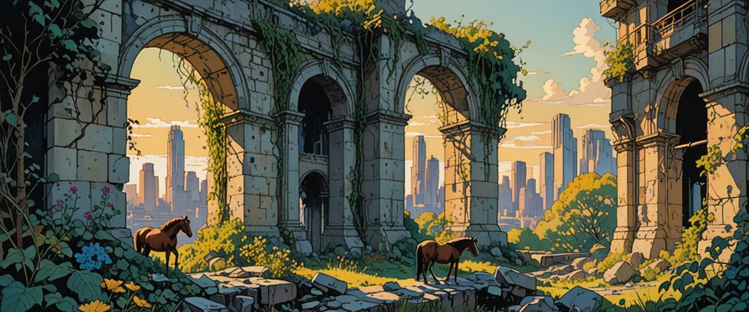 Wild Horses Overlooking City Ruins in Watercolor Style