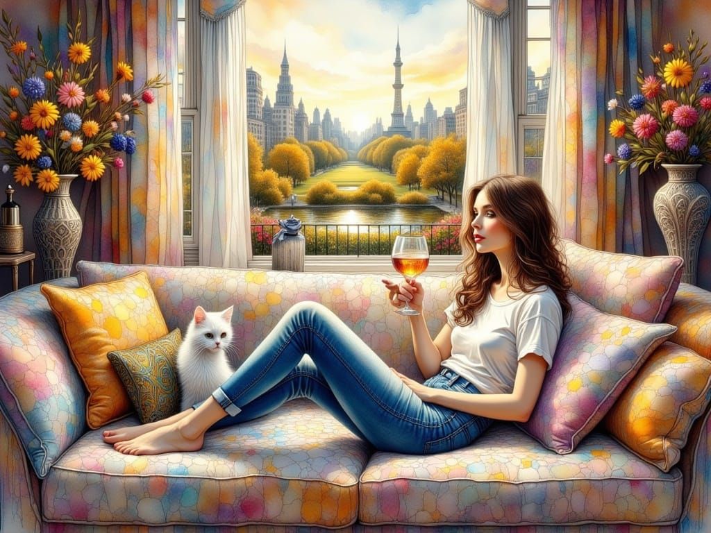 Woman in Apartment Overlooking Central Park, Ink Art