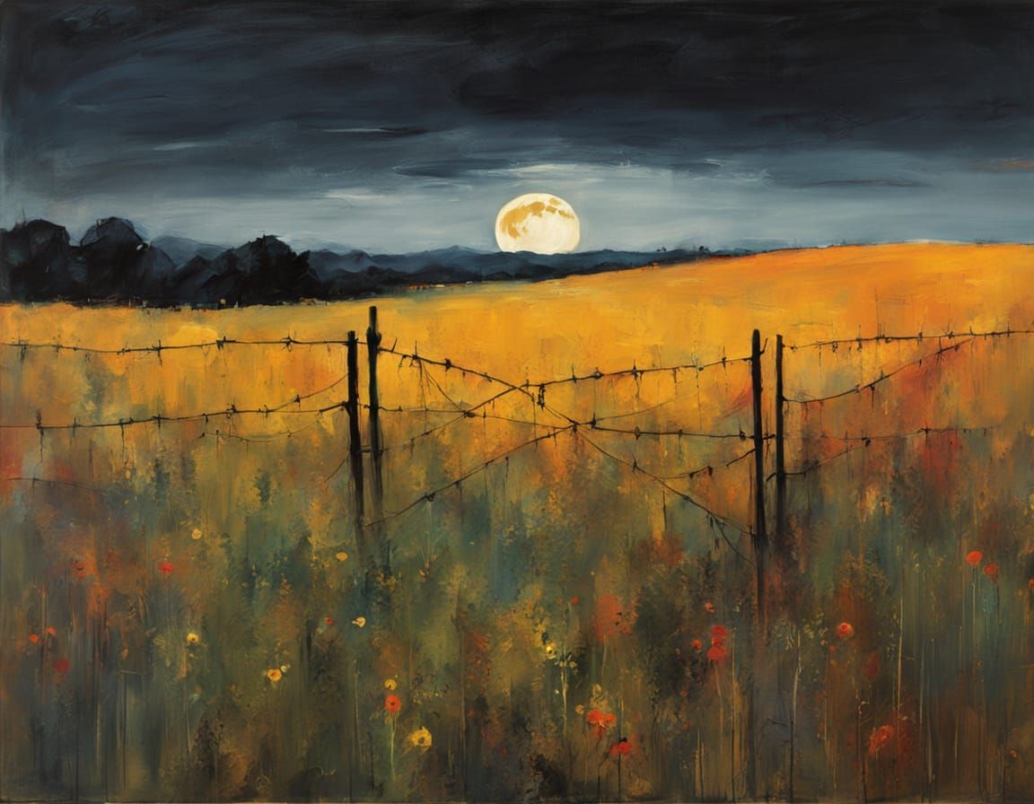 Harvest Moon Over Field in Moody Oil Painting Style