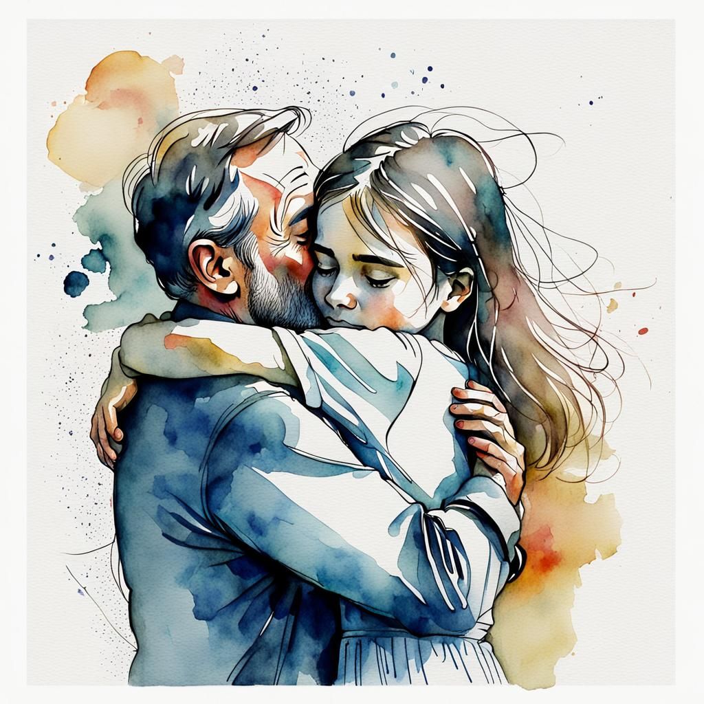 Watercolor of Girl Hugging Father