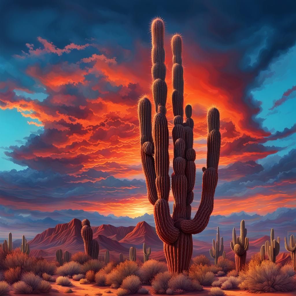 cactus in the desert, gorgeous sunset
