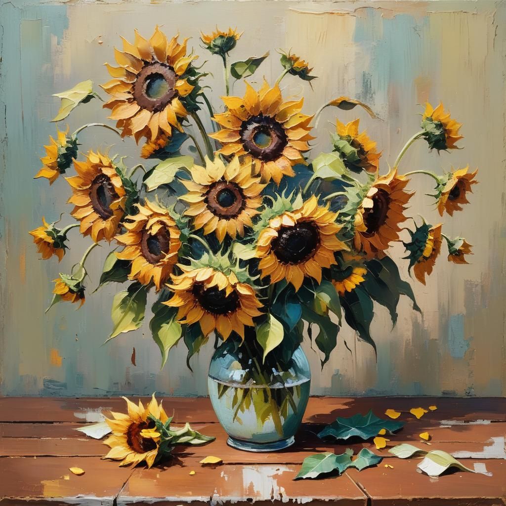 Impasto Sunflowers Still Life in Warm Light