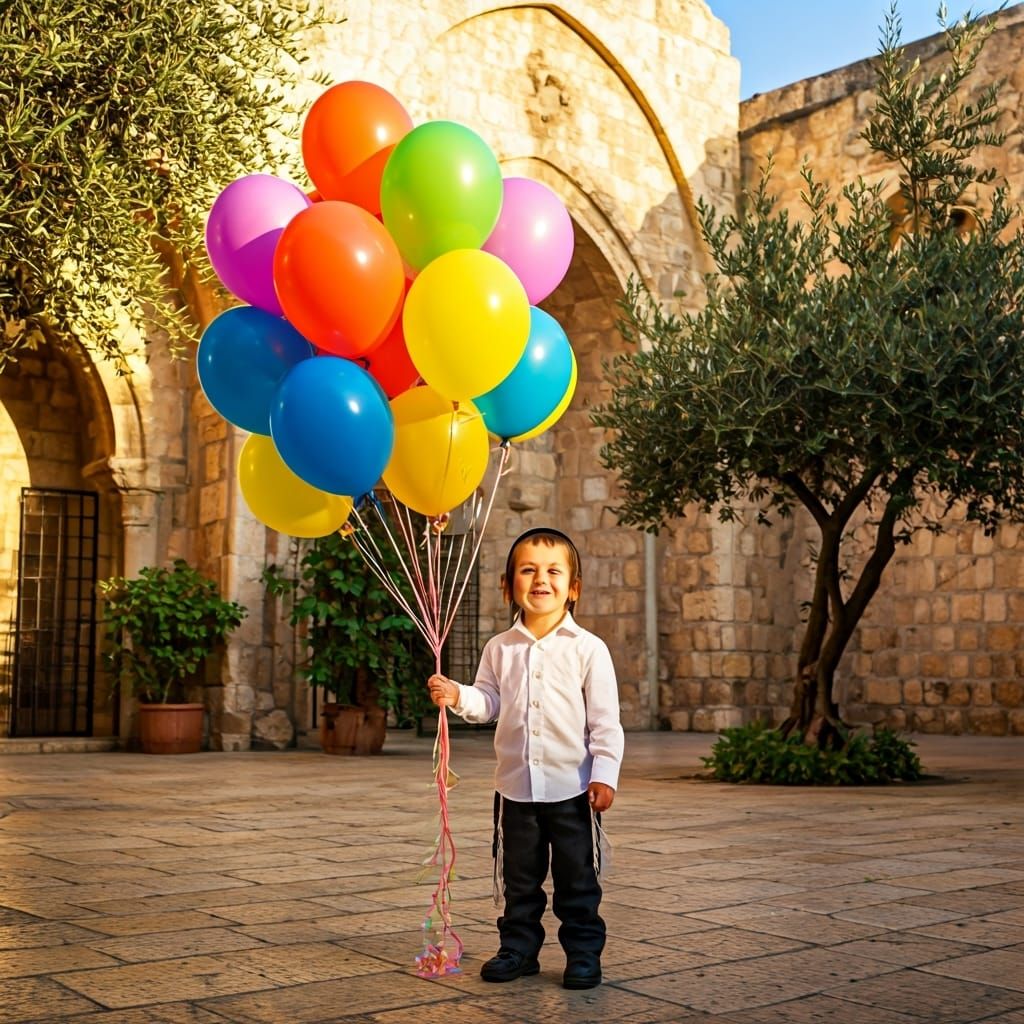 Joyful Boy with Balloons in Jerusalem, Vibrant Art