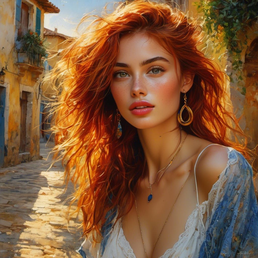 Photorealistic Spanish Beauty in Old Town, Splash Art