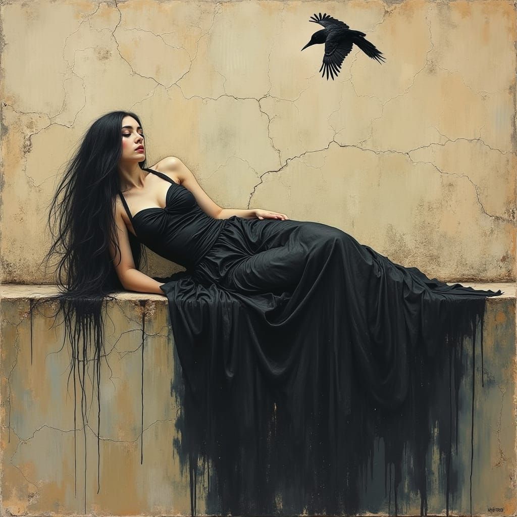 Woman on Cracked Wall, Gouache and Watercolor Style