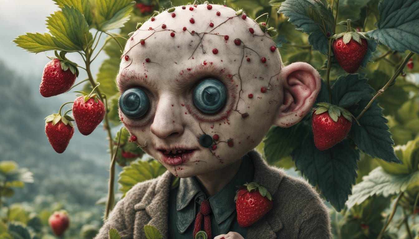 Scary Cute Man with Button Eyes in Strawberry Bushes