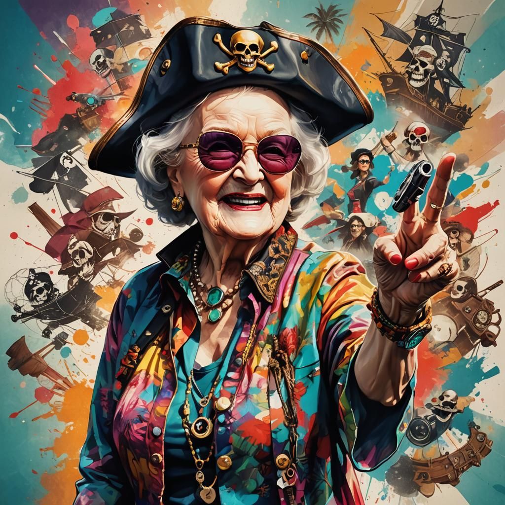 Colorful Portrait with Pirate Hat and Sunglasses