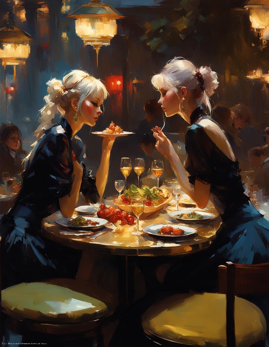 Two Women Embrace Over Dinner, Digital Art