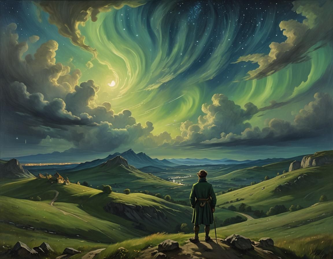 Baroque Landscape with Northern Lights, Poussin Style