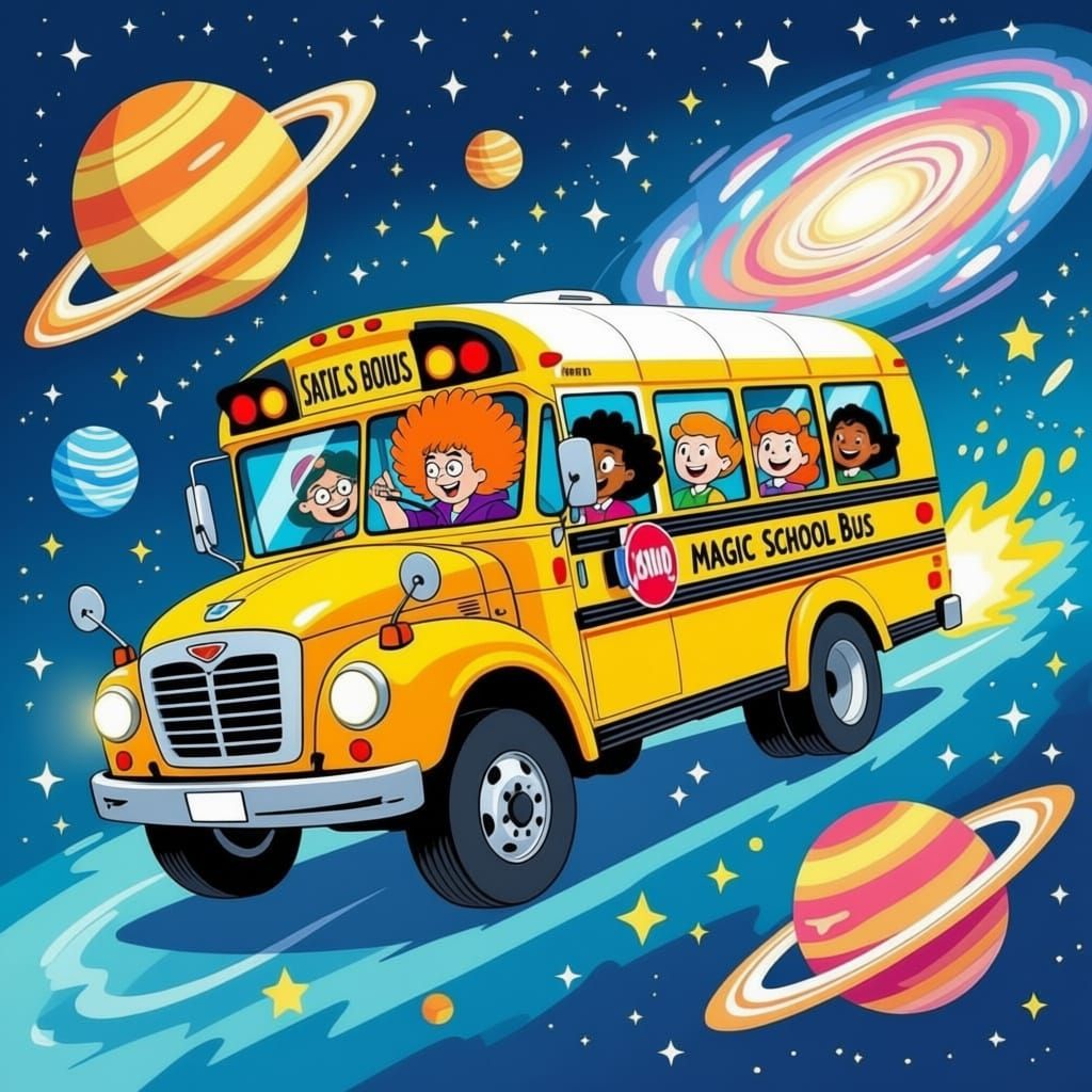 Magic School Bus Explores Outer Space in Cartoon Style
