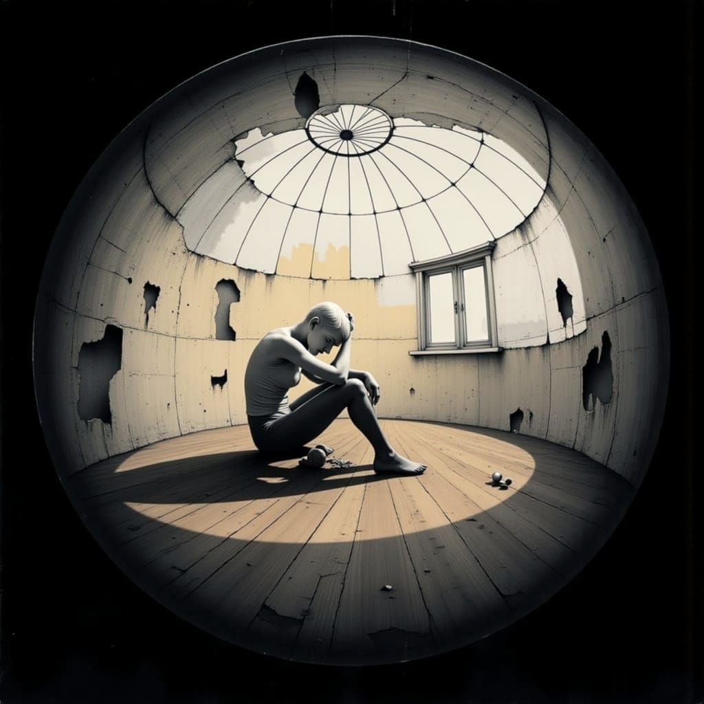 Surreal Fisheye View of Despair in Grayscale