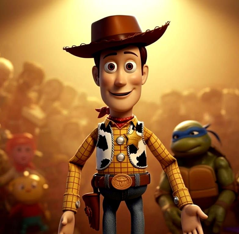 Woody Introduces Ninja Turtle Toy: Pixar-Style 3D Art