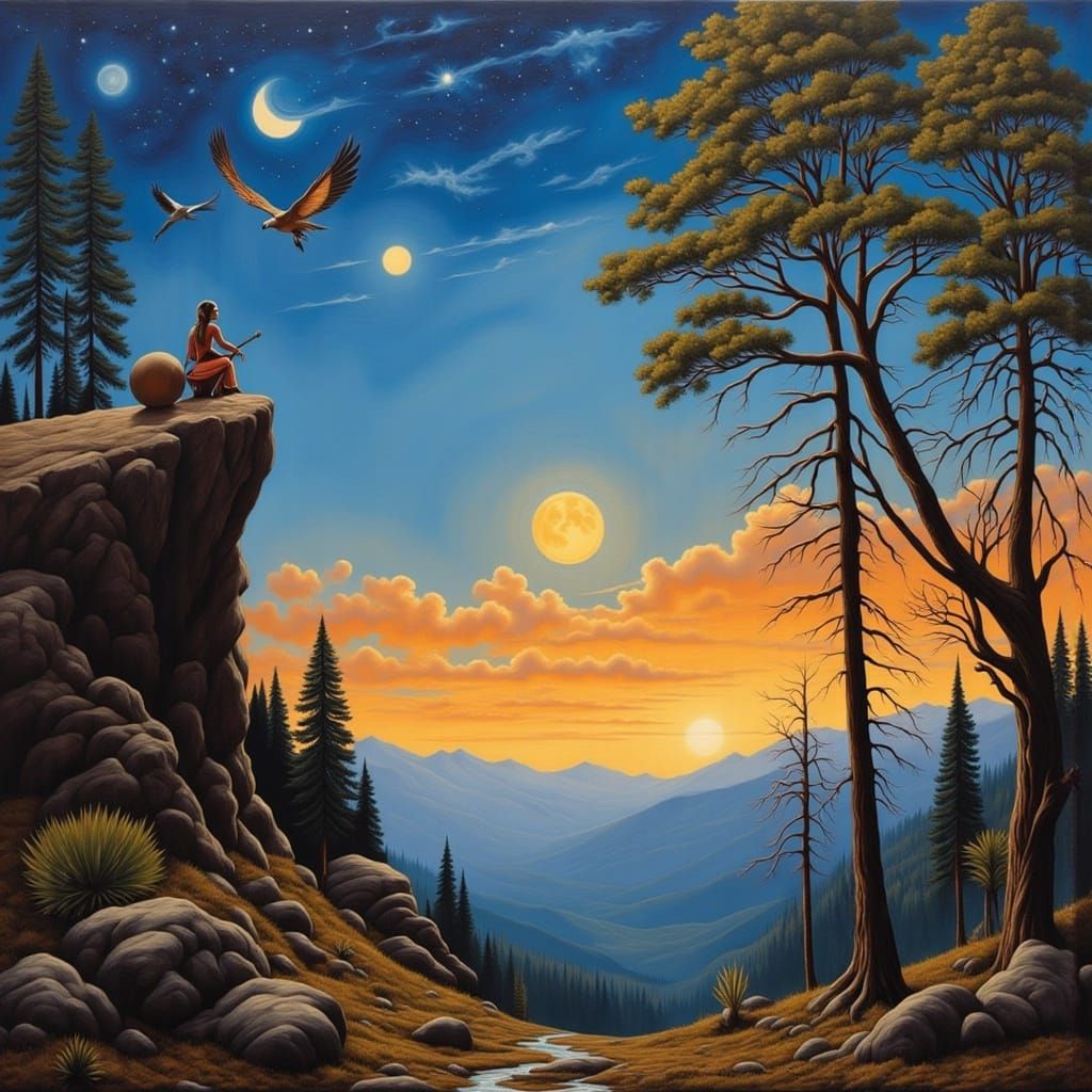 Native American Waiting for Dawn with Wildlife