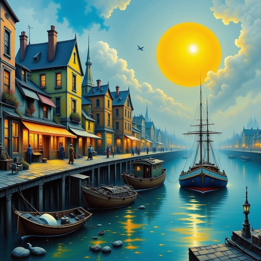 Dystopian Harbor Town in Cyberpunk Style