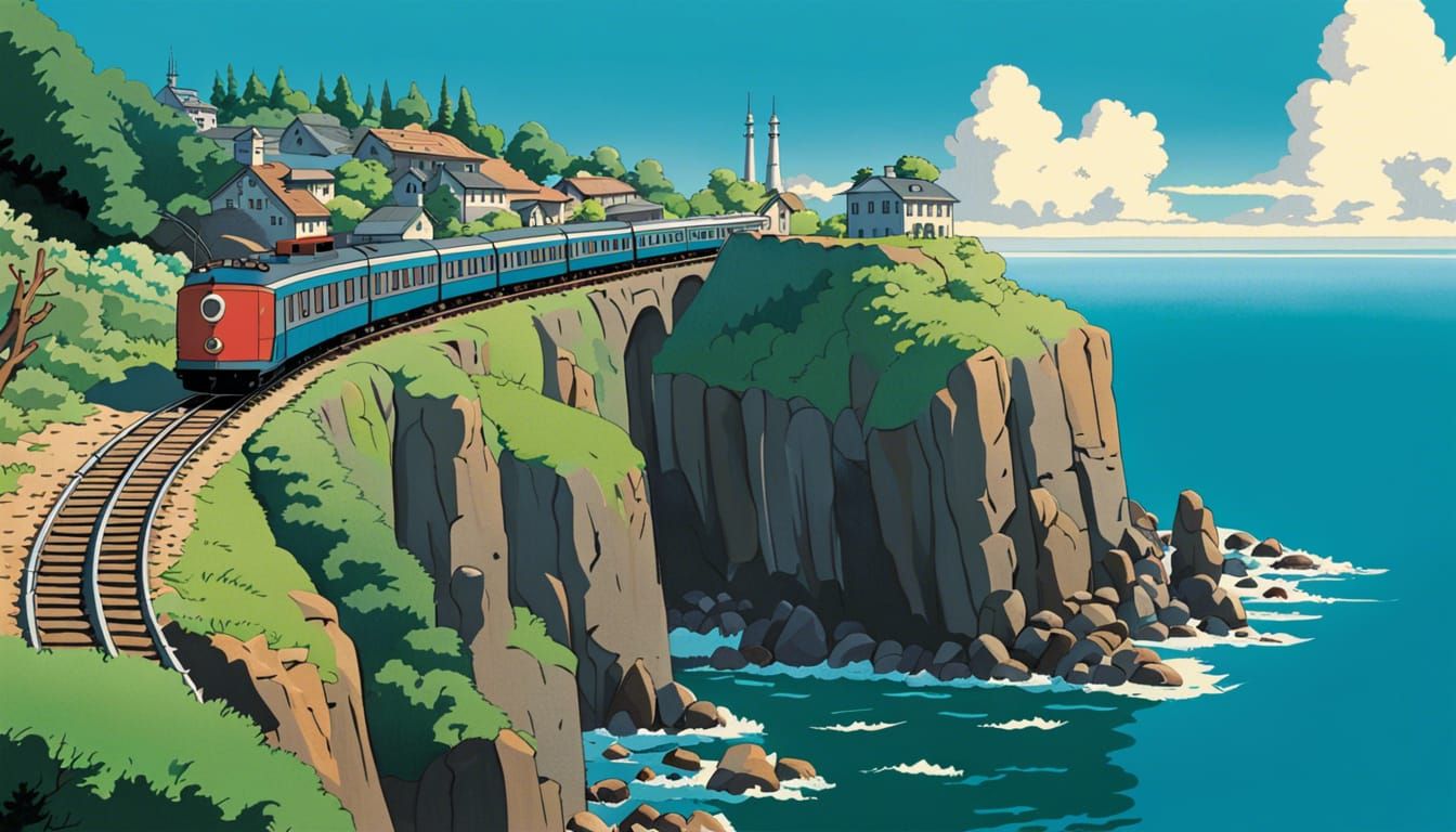 Coastal Train Scene in Retro Ghibli Style