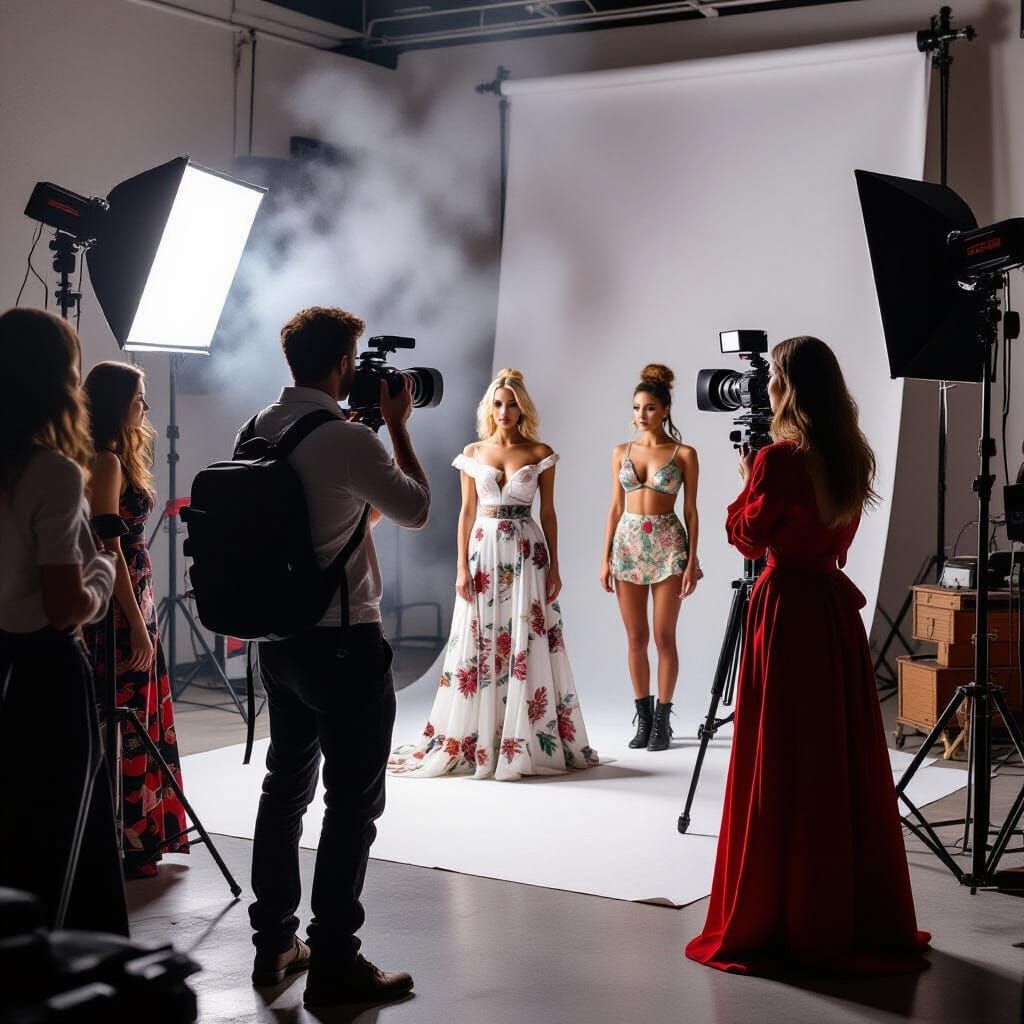 Photographer Directs Models on Studio Set