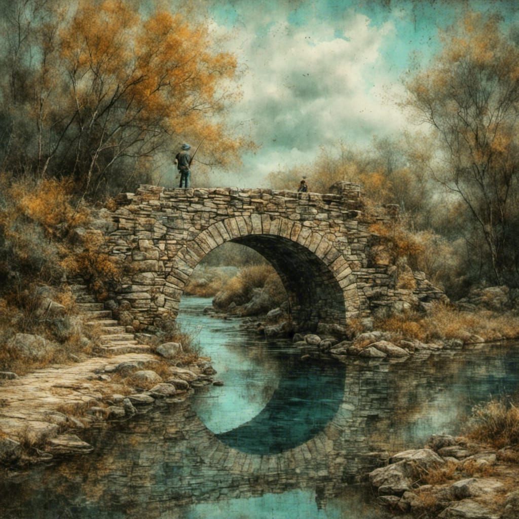 Boy Fishing by Stone Bridge in Pastel Style