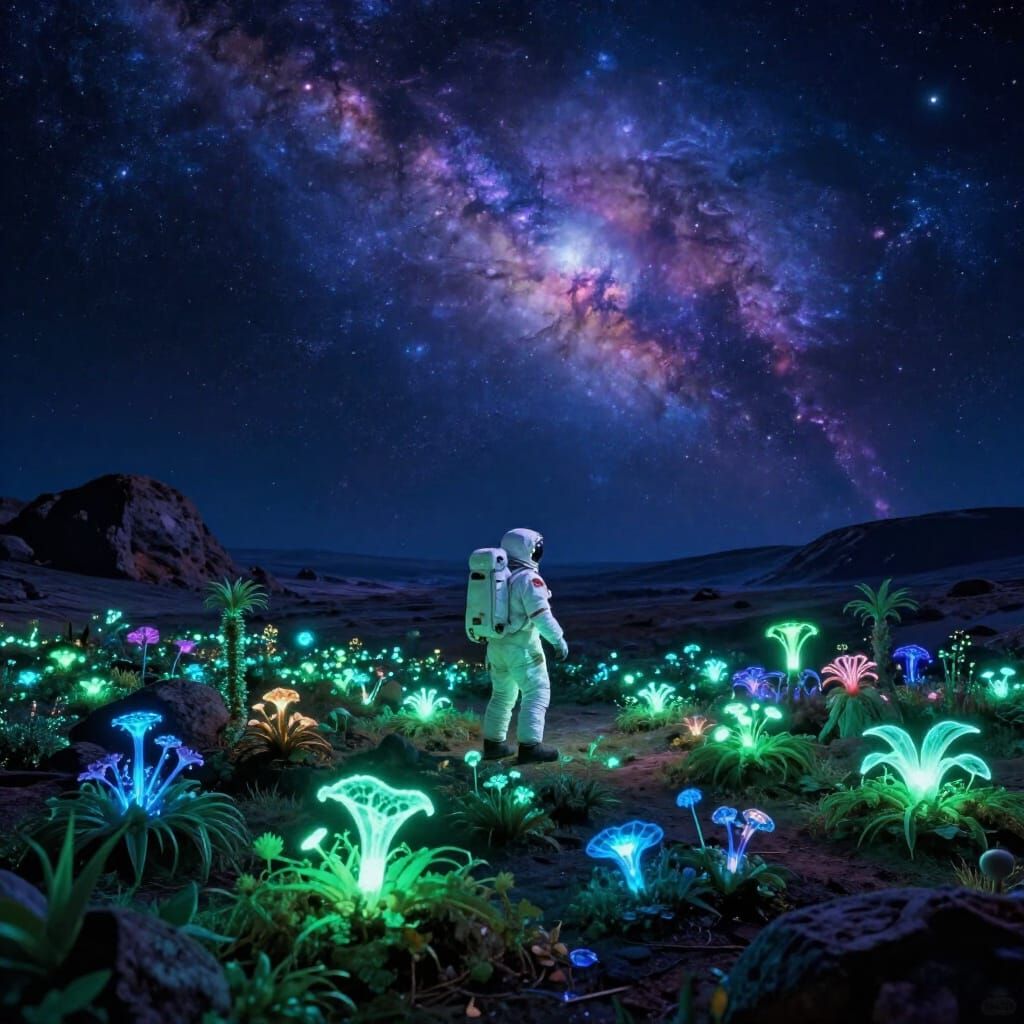 Astronaut Tends Glowing Garden on Alien World