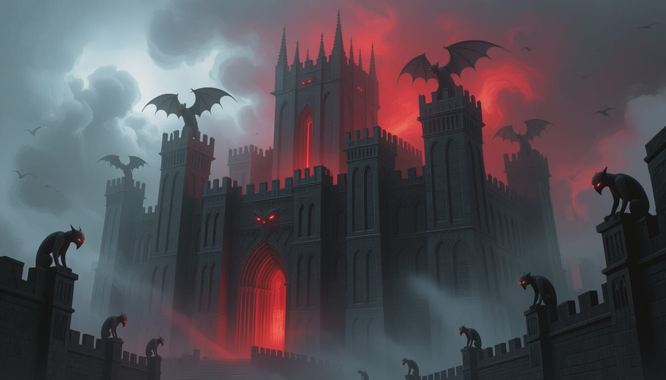 Gothic Obsidian Fortress in Crimson Light