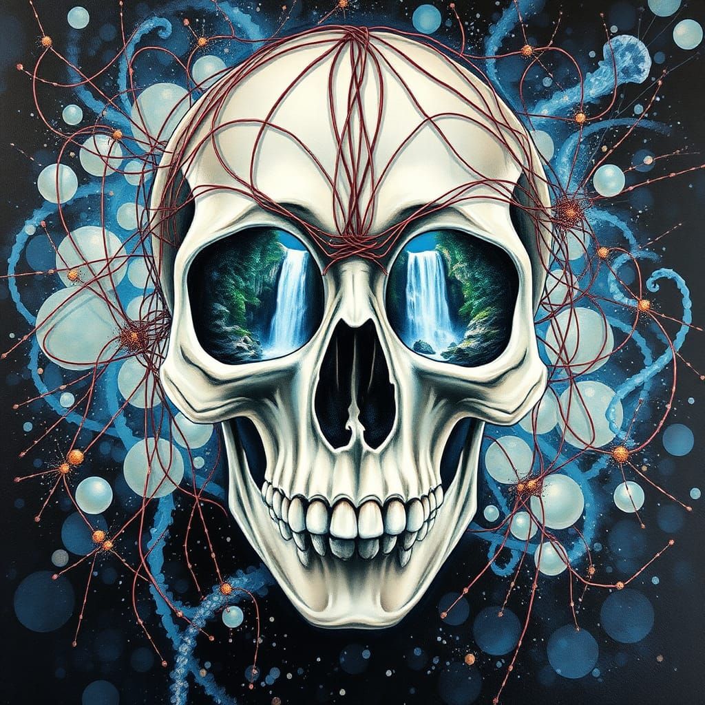 Skull String Art with Waterfall Eyes in Gouache Style