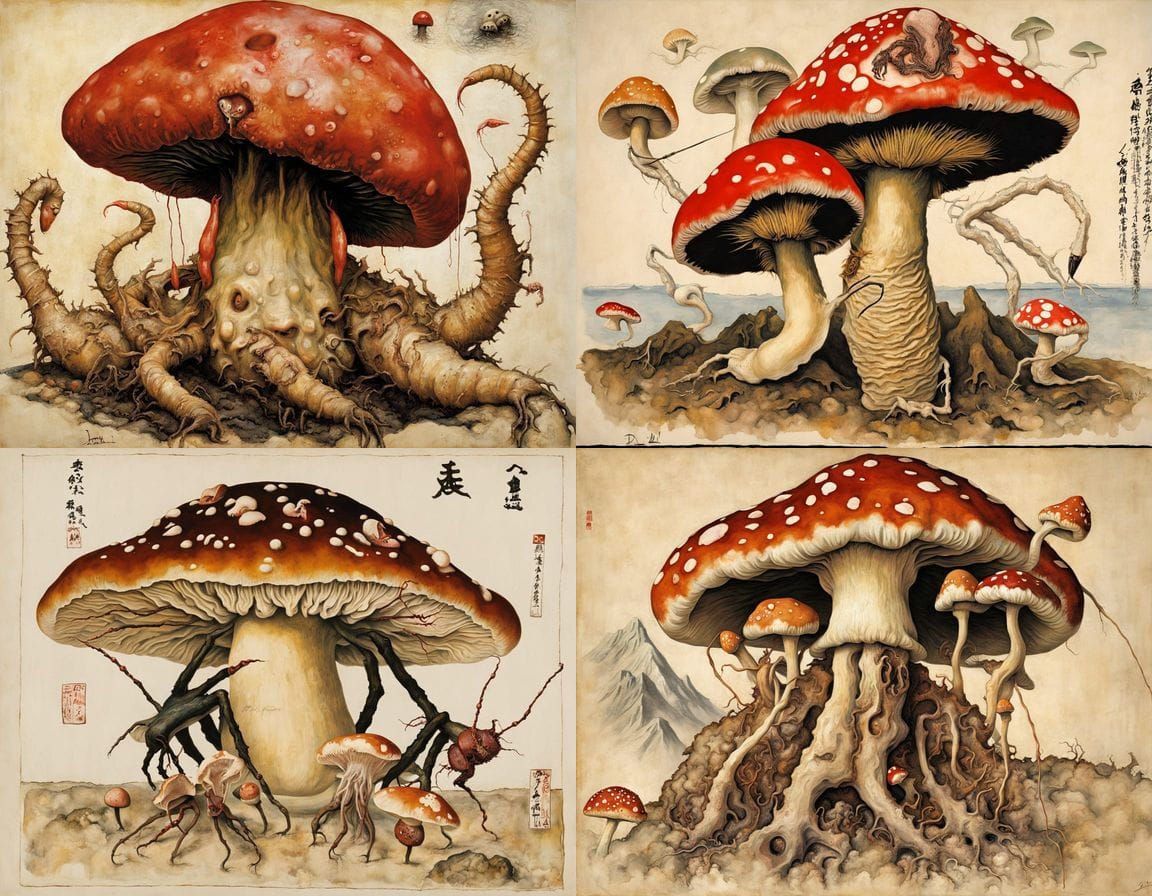 Tokyo Horror: Deformed Mushroom Creature in Japanese Surreal...