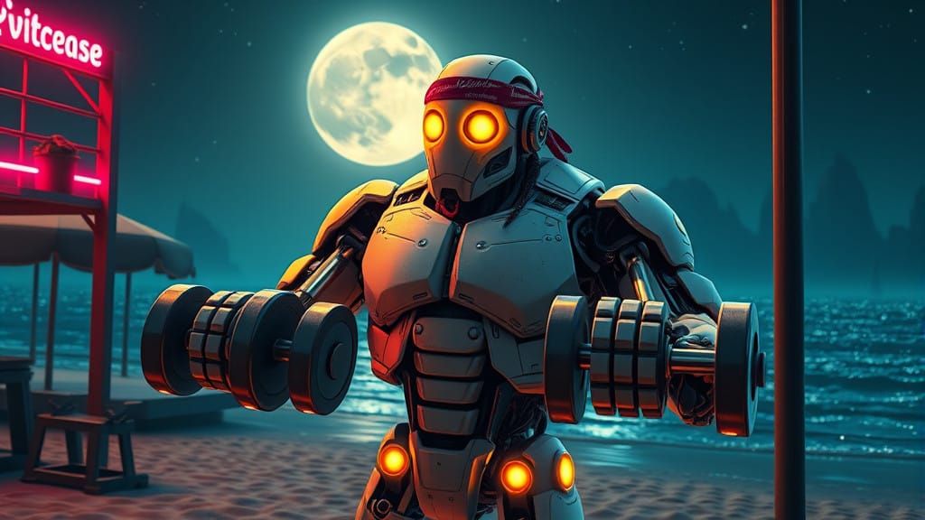 Cybernetic Bodybuilder Defies Gravity on Neon Beach Night