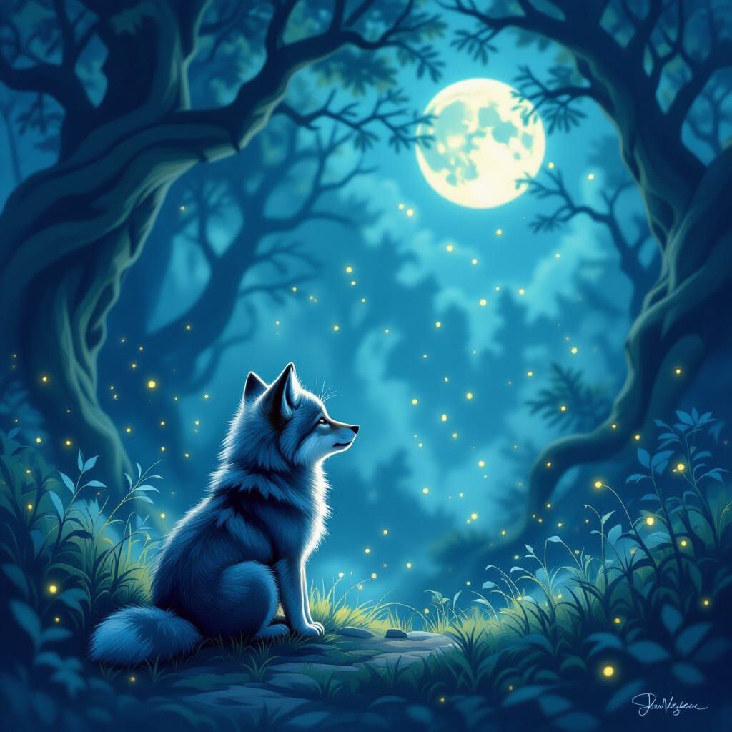 Wolf Cub in Moonlit Dream Forest
