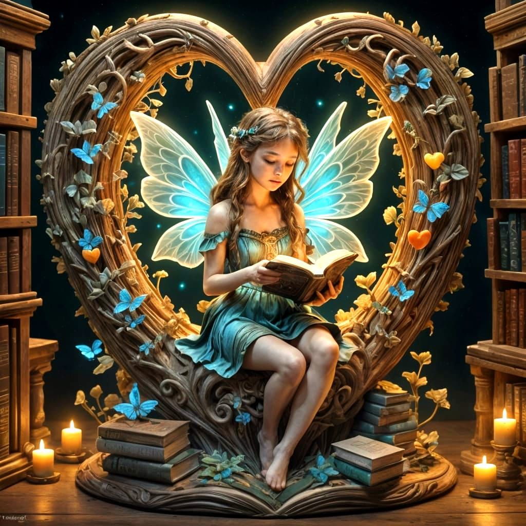 Bioluminescent Fairy Reading on Glowing Heart