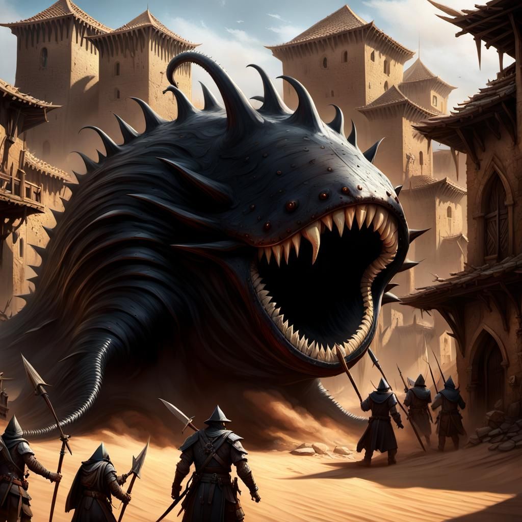 Giant Slug Crushes Medieval Town: Dark Fantasy Art