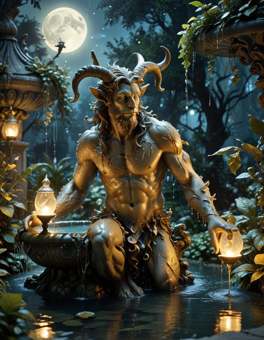 Satyr Fountain Spilling Liquid Light: Surreal Fairytale Art